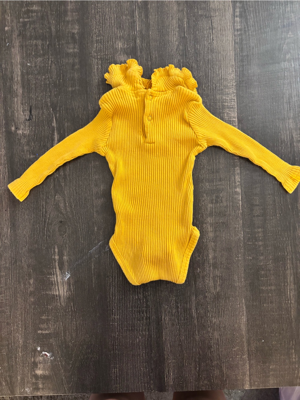 Ribbed Mustard Long-Sleeve Baby Bodysuit with Ruffle Neck